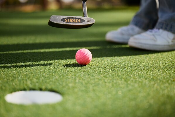 A golf ball on a green with a putter nearby.