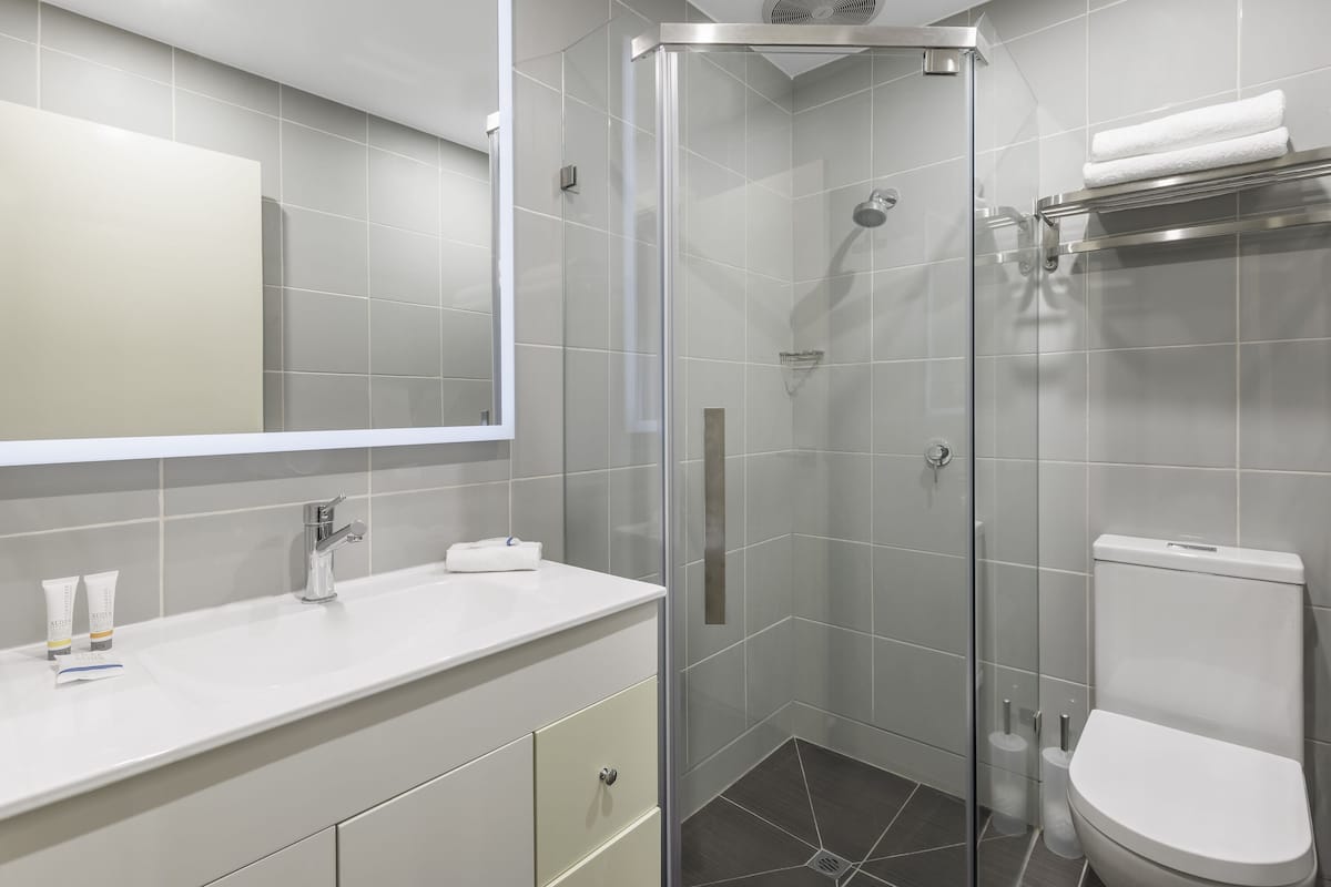 Dusche, kostenlose Toilettenartikel, Haartrockner, Handtücher