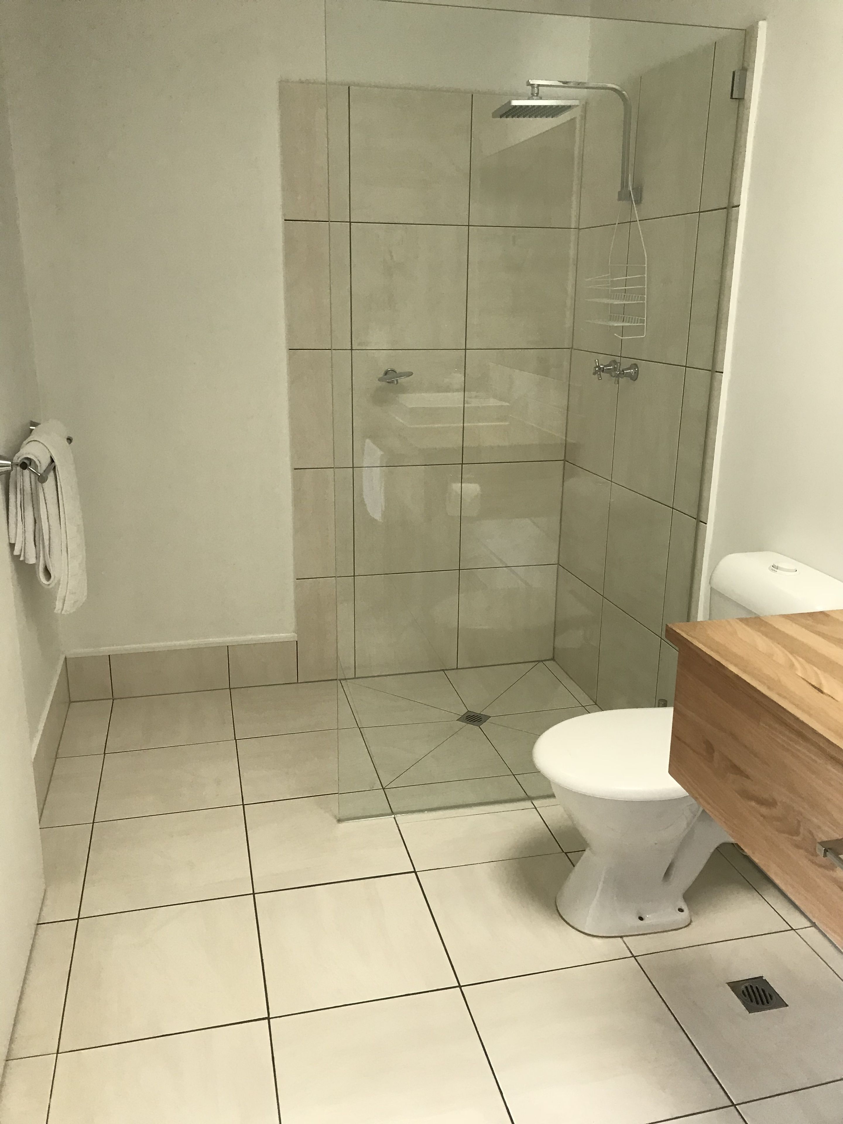 A modern bathroom with a glass-enclosed shower, a white toilet, and a wooden vanity.