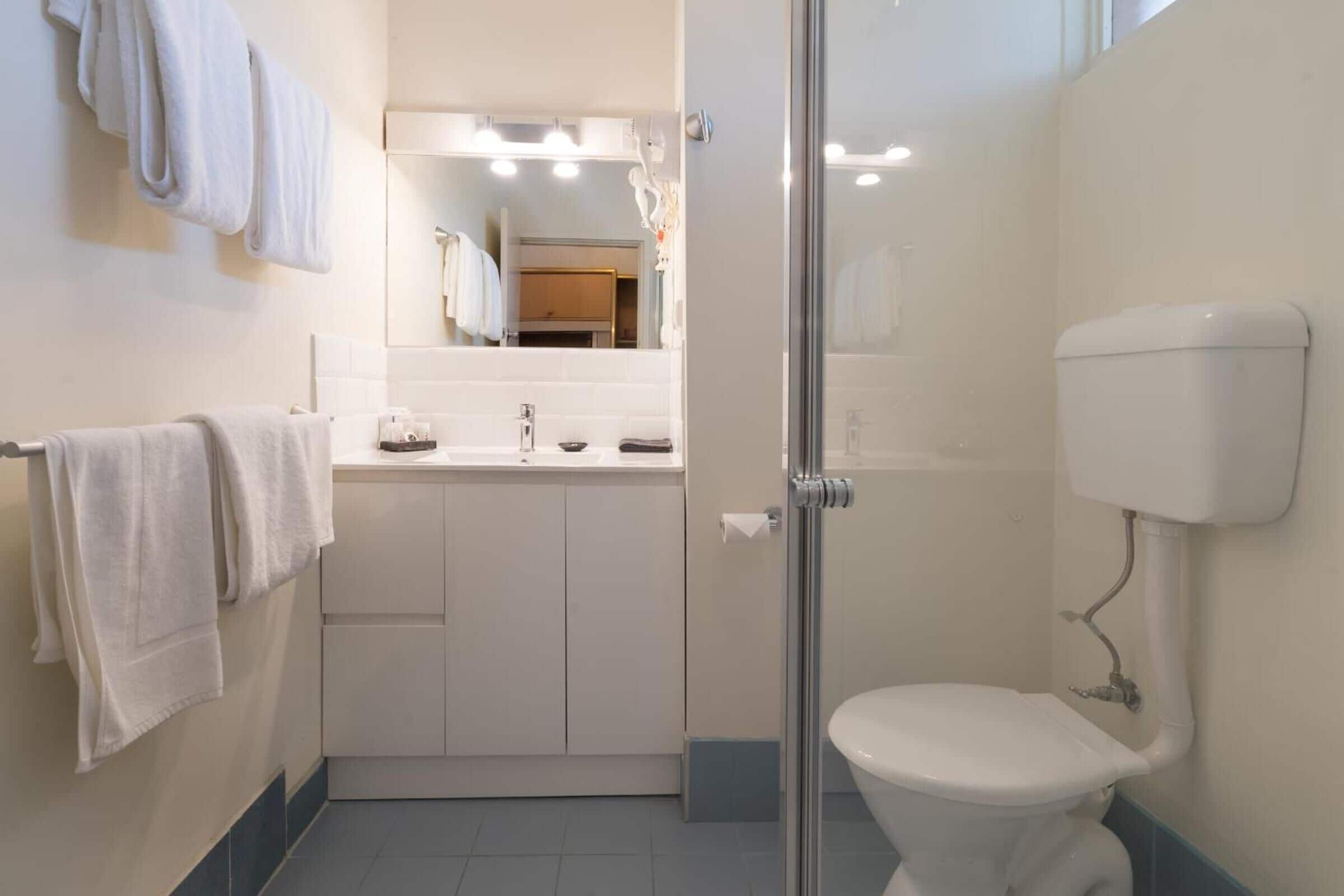 A bathroom with a toilet, sink, and shower area.