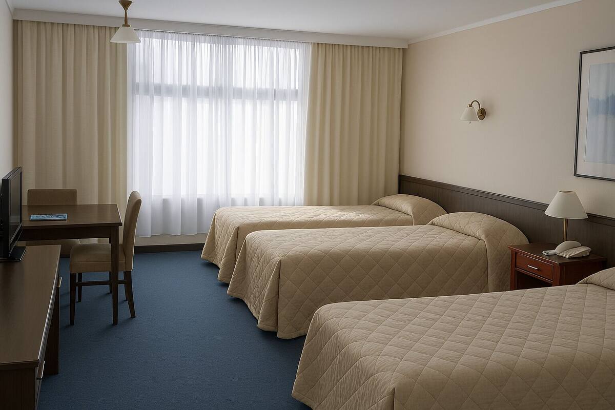 A hotel room with two beds, a desk, a chair, a lamp, and a window with curtains.