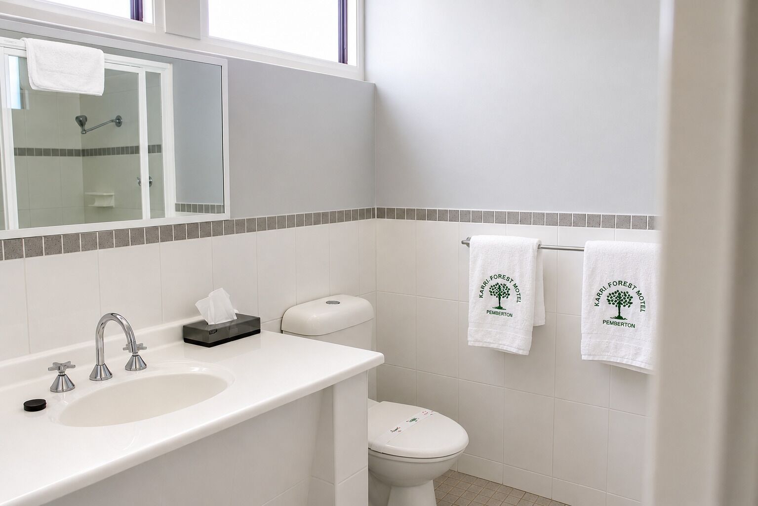 A bathroom with a sink, mirror, toilet, and two towels with a tree logo.