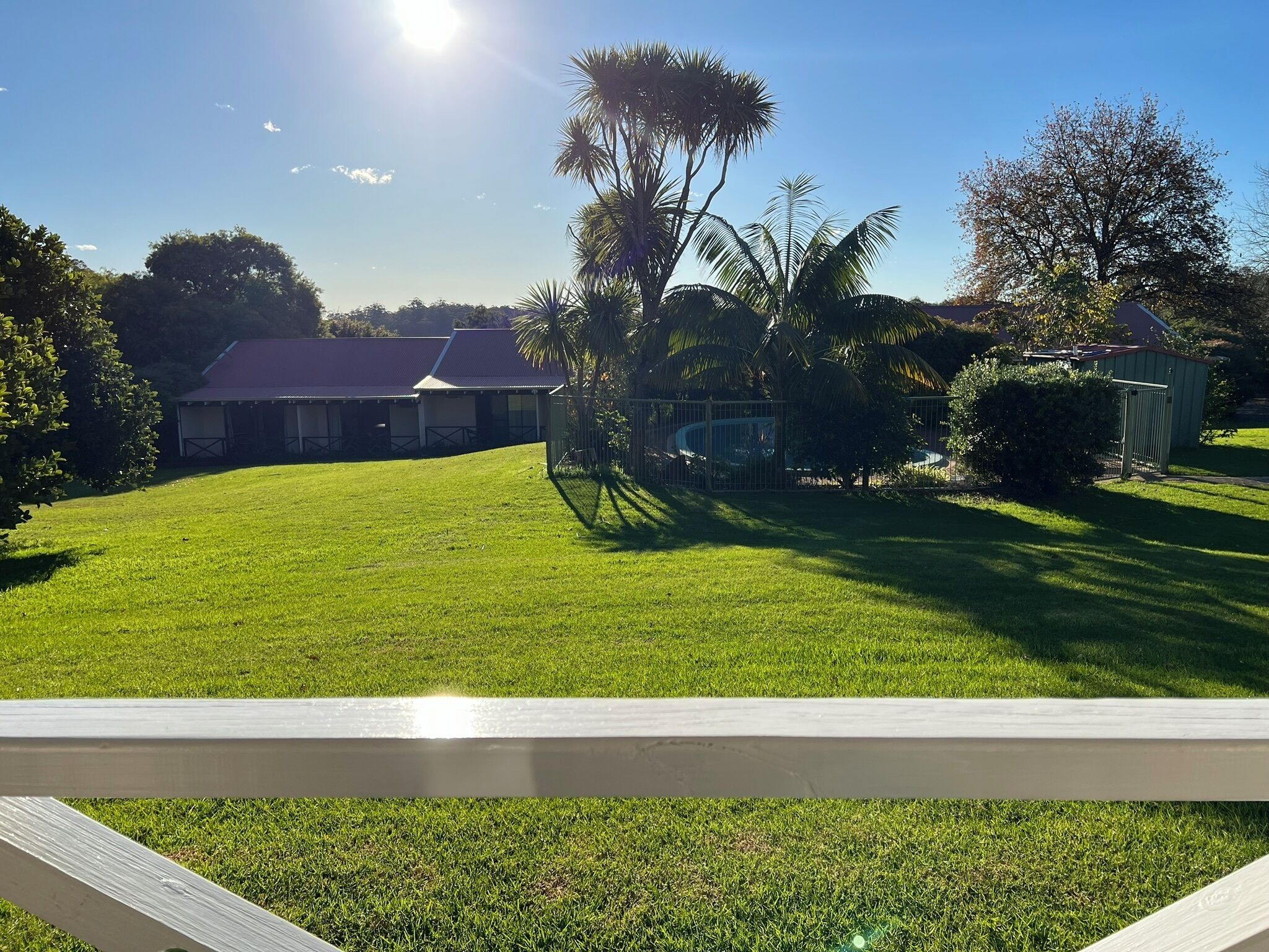 A well-maintained lawn with a house in the background.