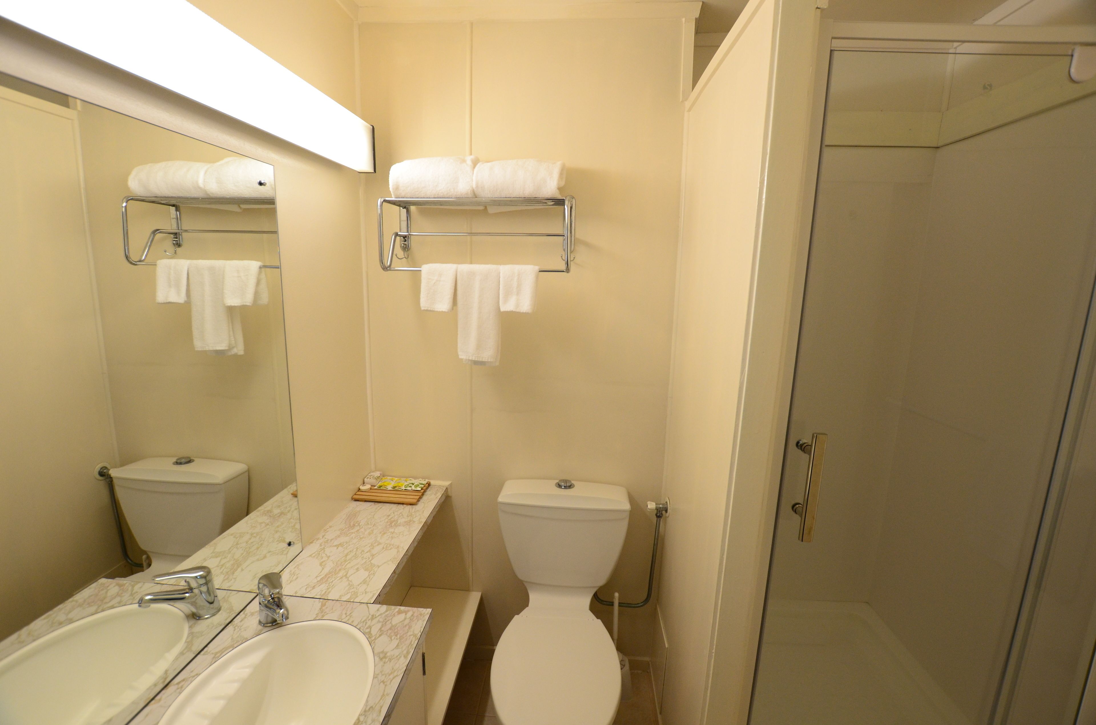 A bathroom with a sink, toilet, and shower. There are towels hanging on a rack.