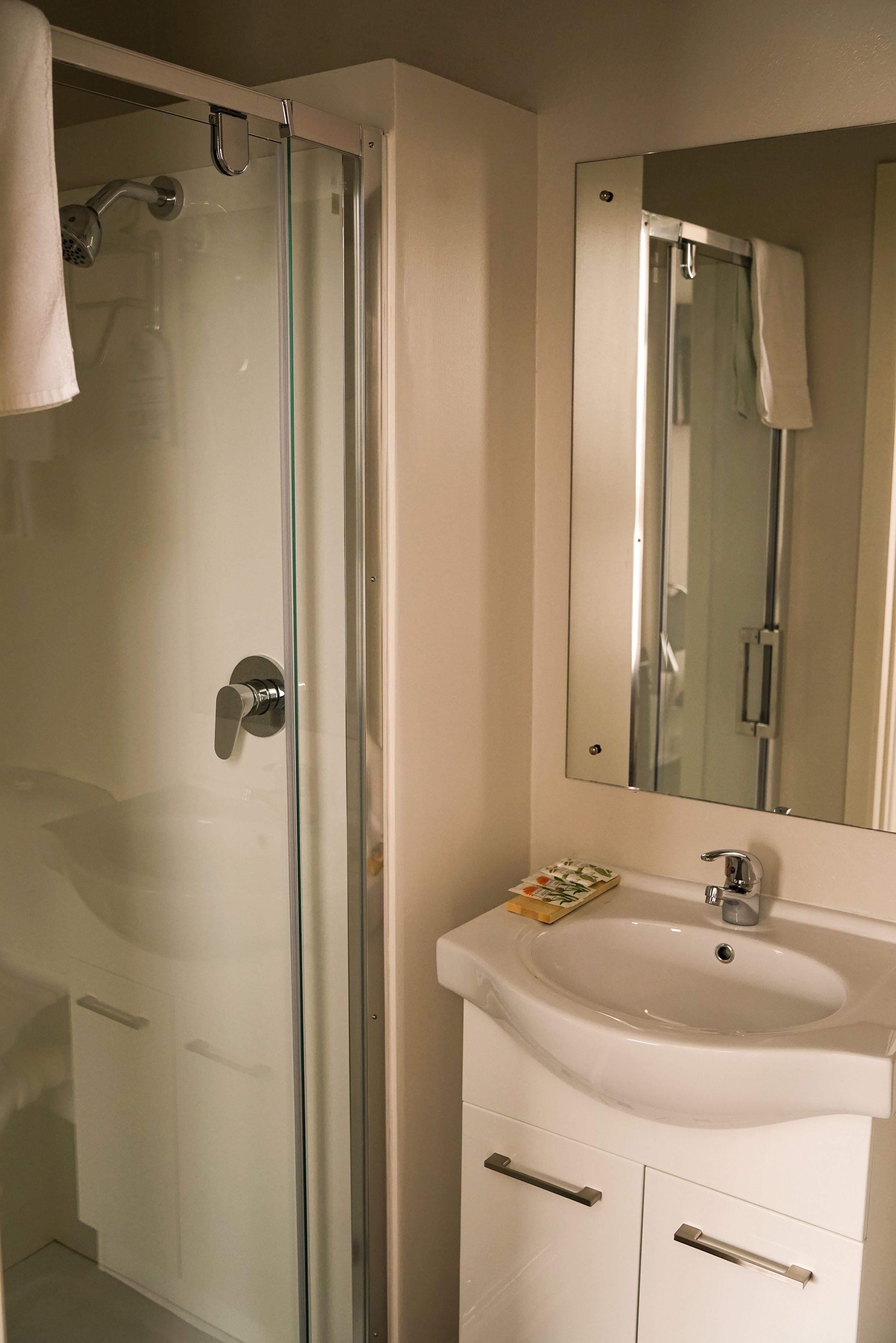 A bathroom with a glass shower enclosure, a white sink, and a mirror above it.