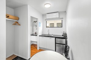 Fridge, microwave, coffee/tea maker, electric kettle