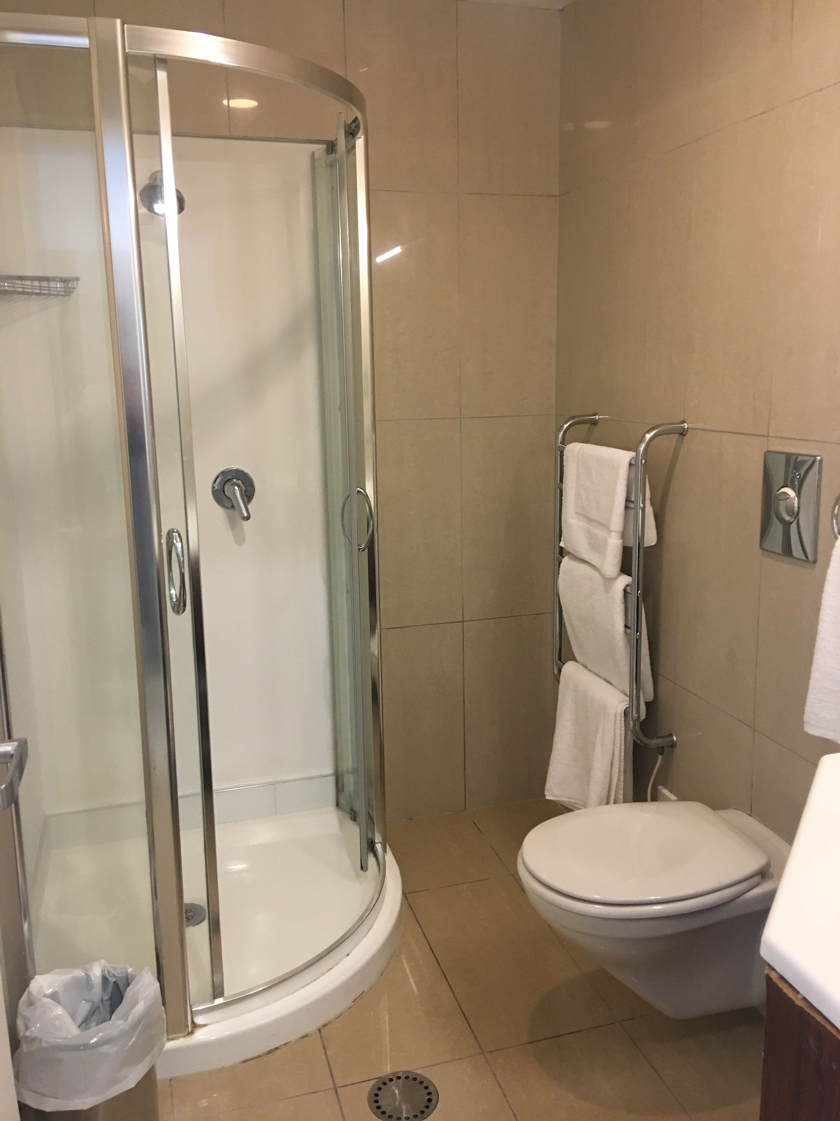 Un bagno con doccia vetrata, un water e un porta asciugamani.