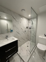 Shower, free toiletries, hair dryer, towels
