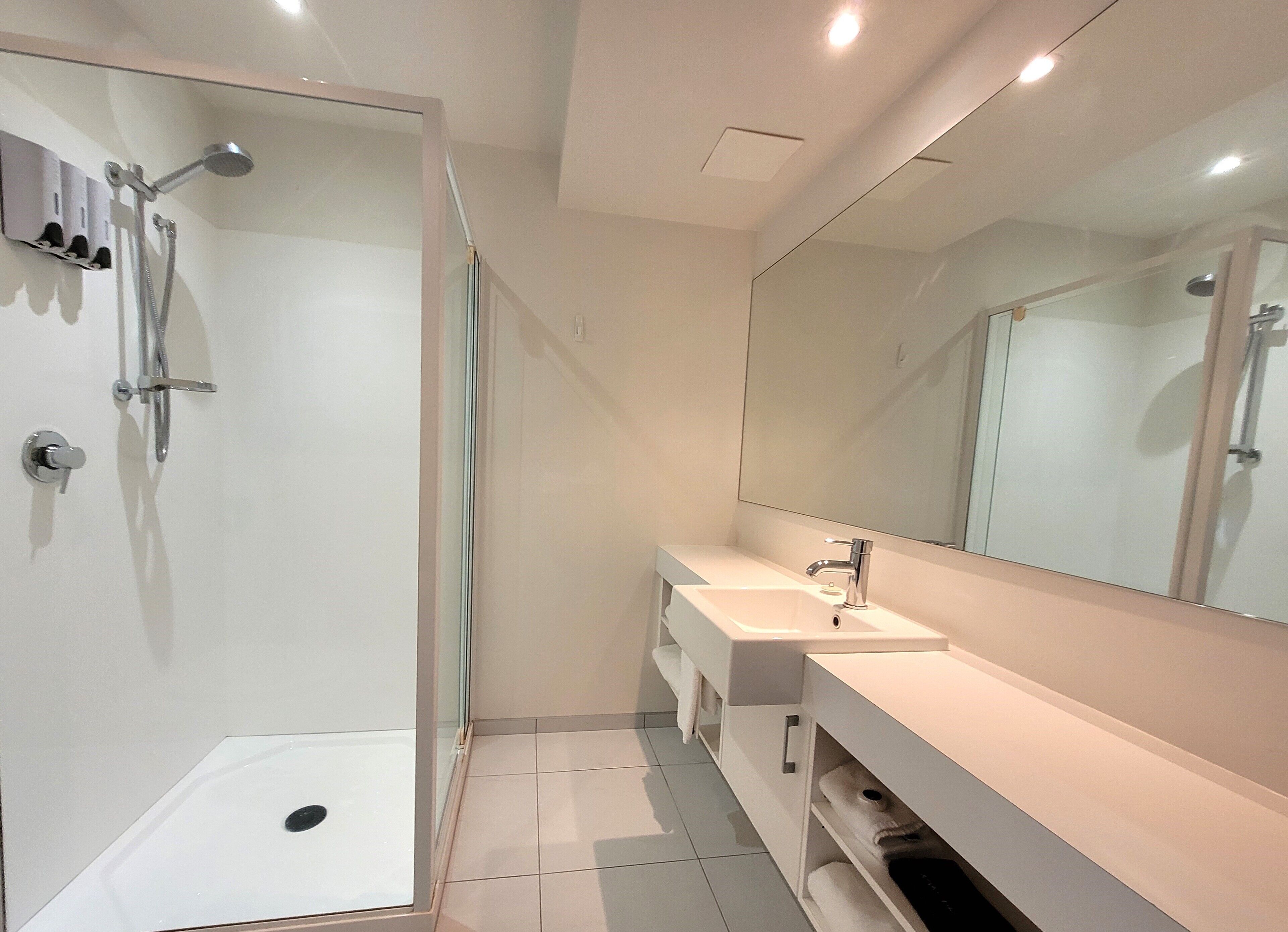 A modern bathroom with a glass-enclosed shower, a white sink, and a large mirror.