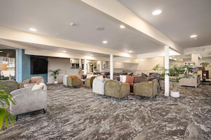 Un espacio interior amplio con varios arreglos de asientos, incluyendo sofás y sillones, y piso alfombrado.