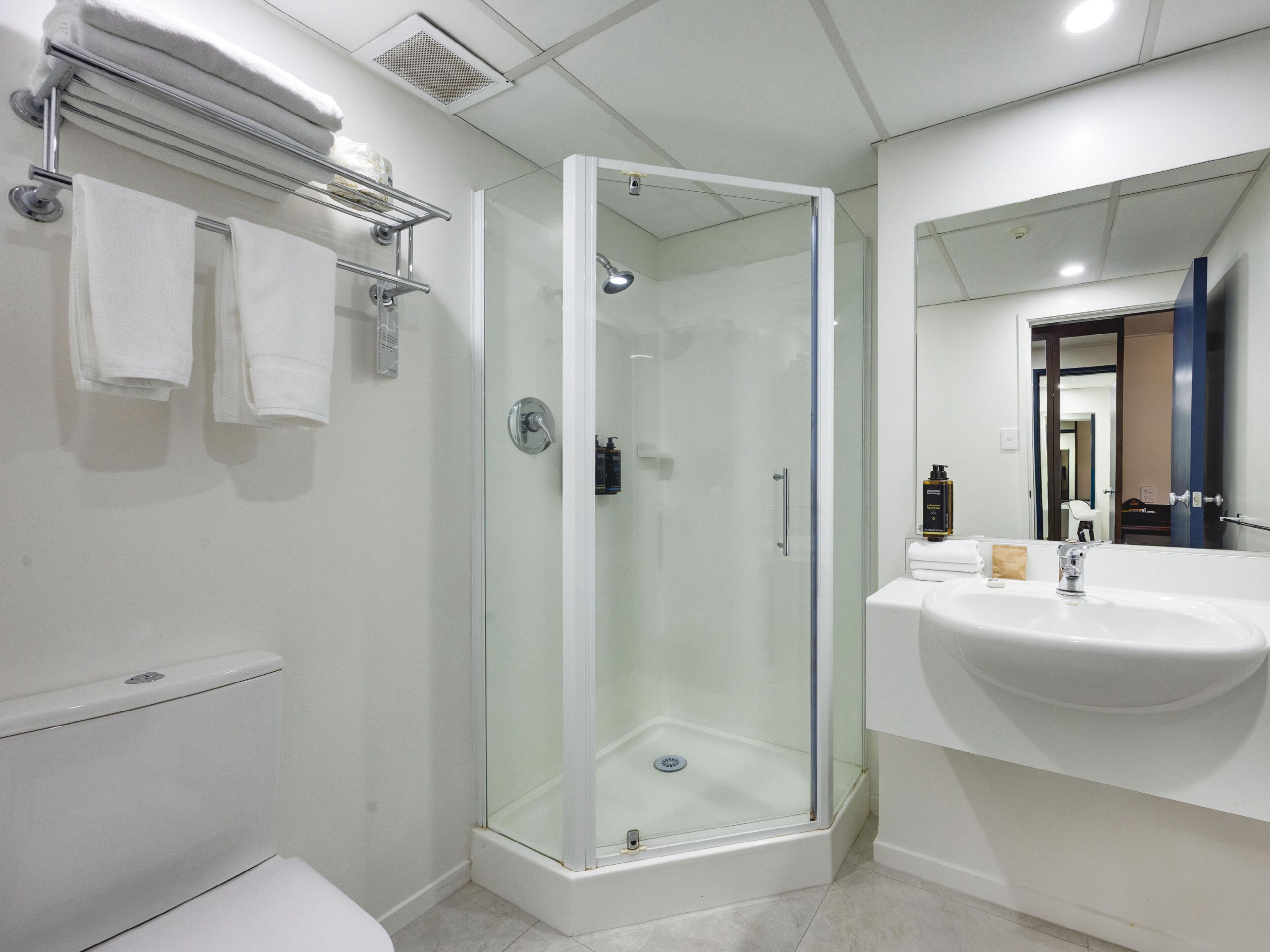 Un baño moderno con ducha de vidrio, lavamanos blanco y un inodoro.