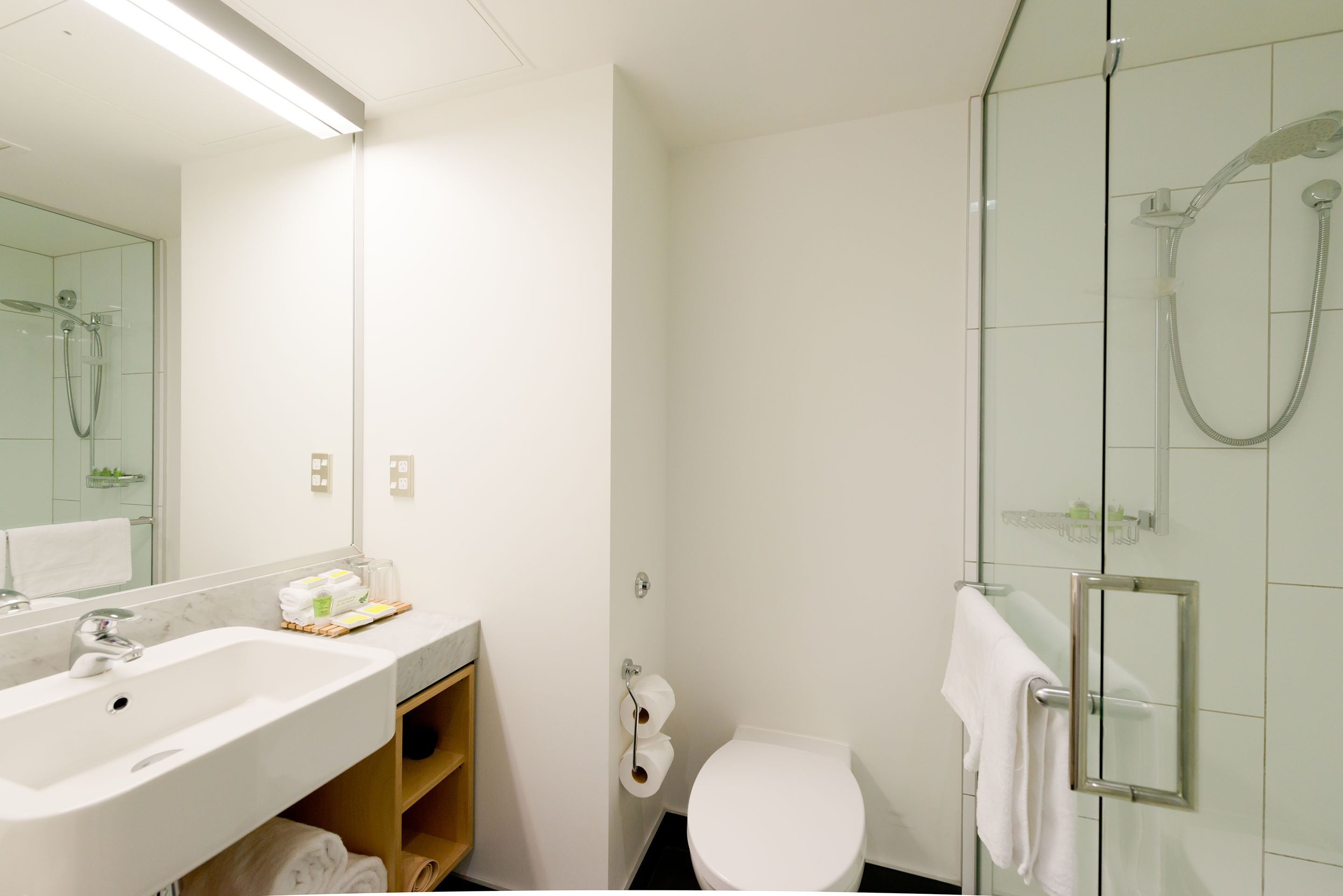 shower, free toiletries, hair dryer, towels