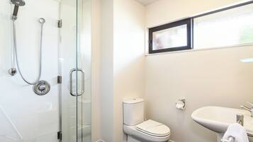A bathroom with a glass-enclosed shower, a toilet, and a sink.