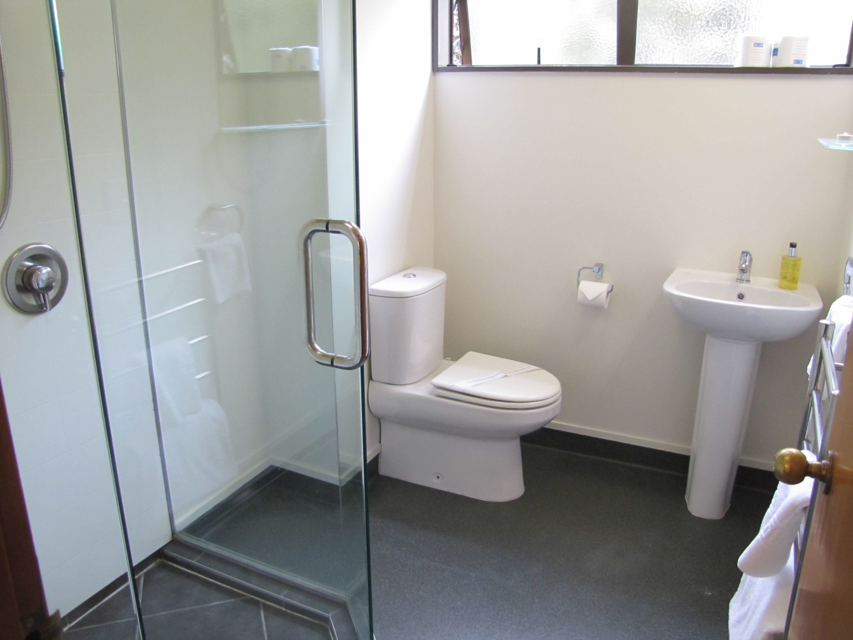 A bathroom with a glass shower enclosure, a toilet, a sink, and a window.