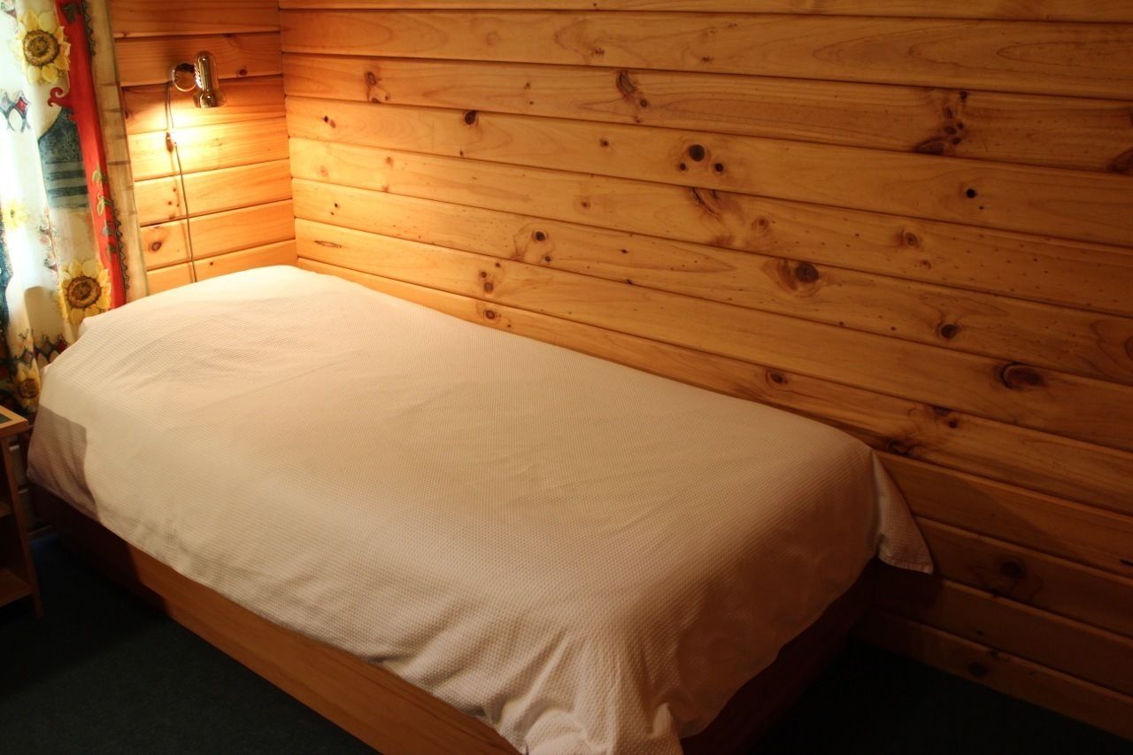Una cama individual en una habitación de cabaña de madera, con cabecera, mesita de noche y lámpara de pared.