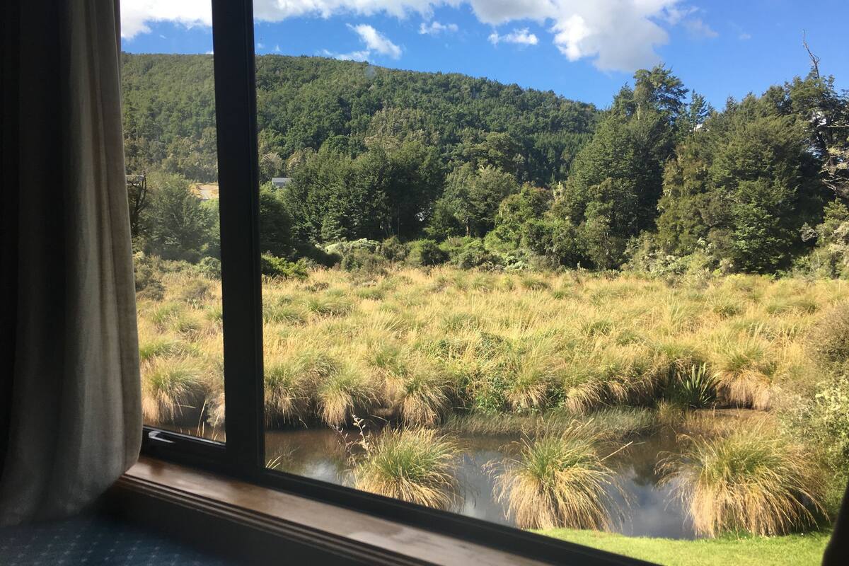 A view from a window overlooking a natural landscape with a forested hill and a body of water.