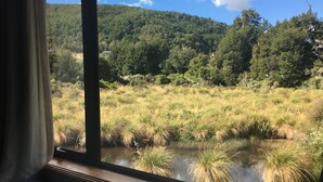 Vista desde una ventana sobre un paisaje natural con una colina boscosa y una masa de agua.