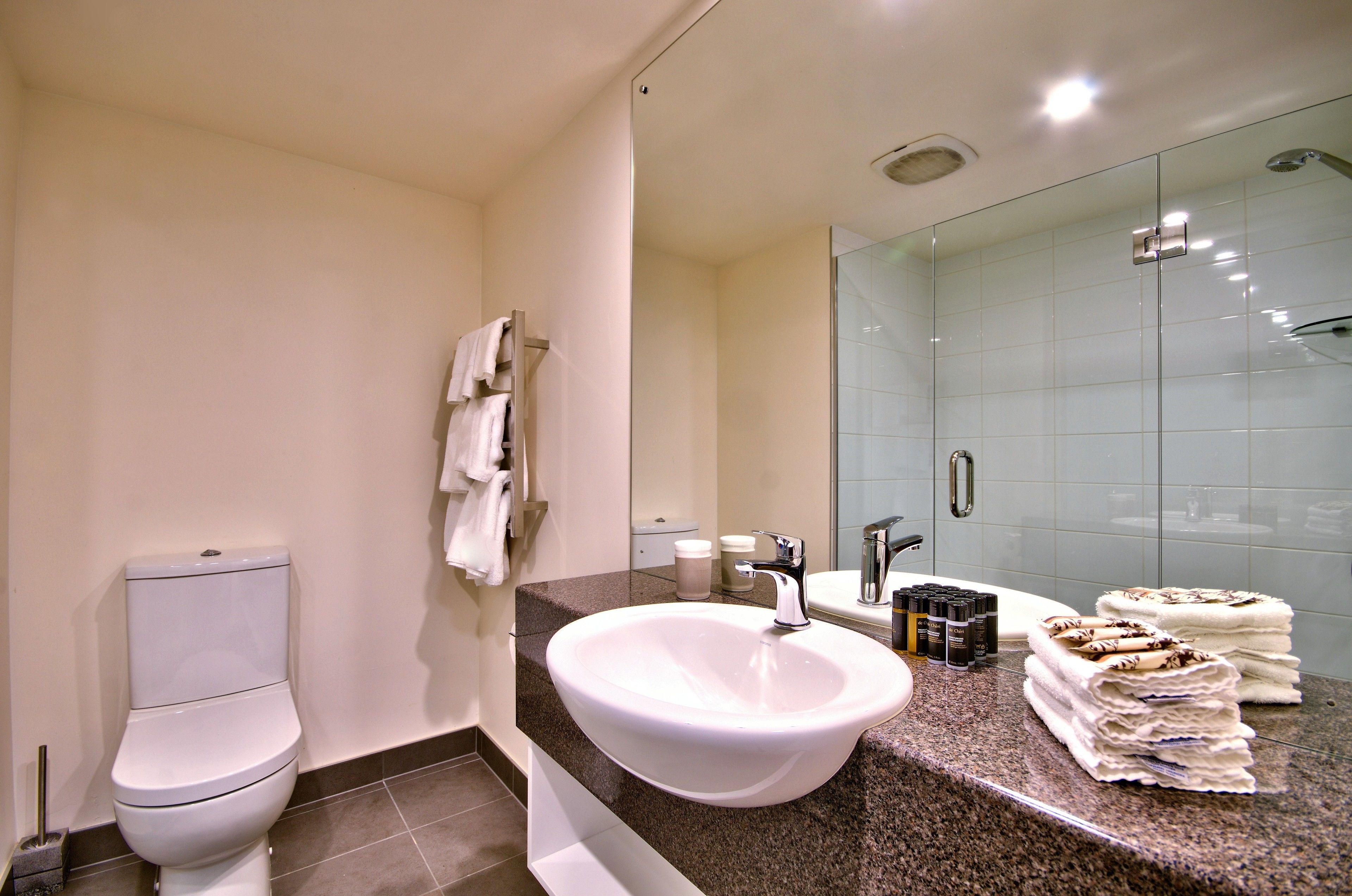 shower, free toiletries, hair dryer, towels