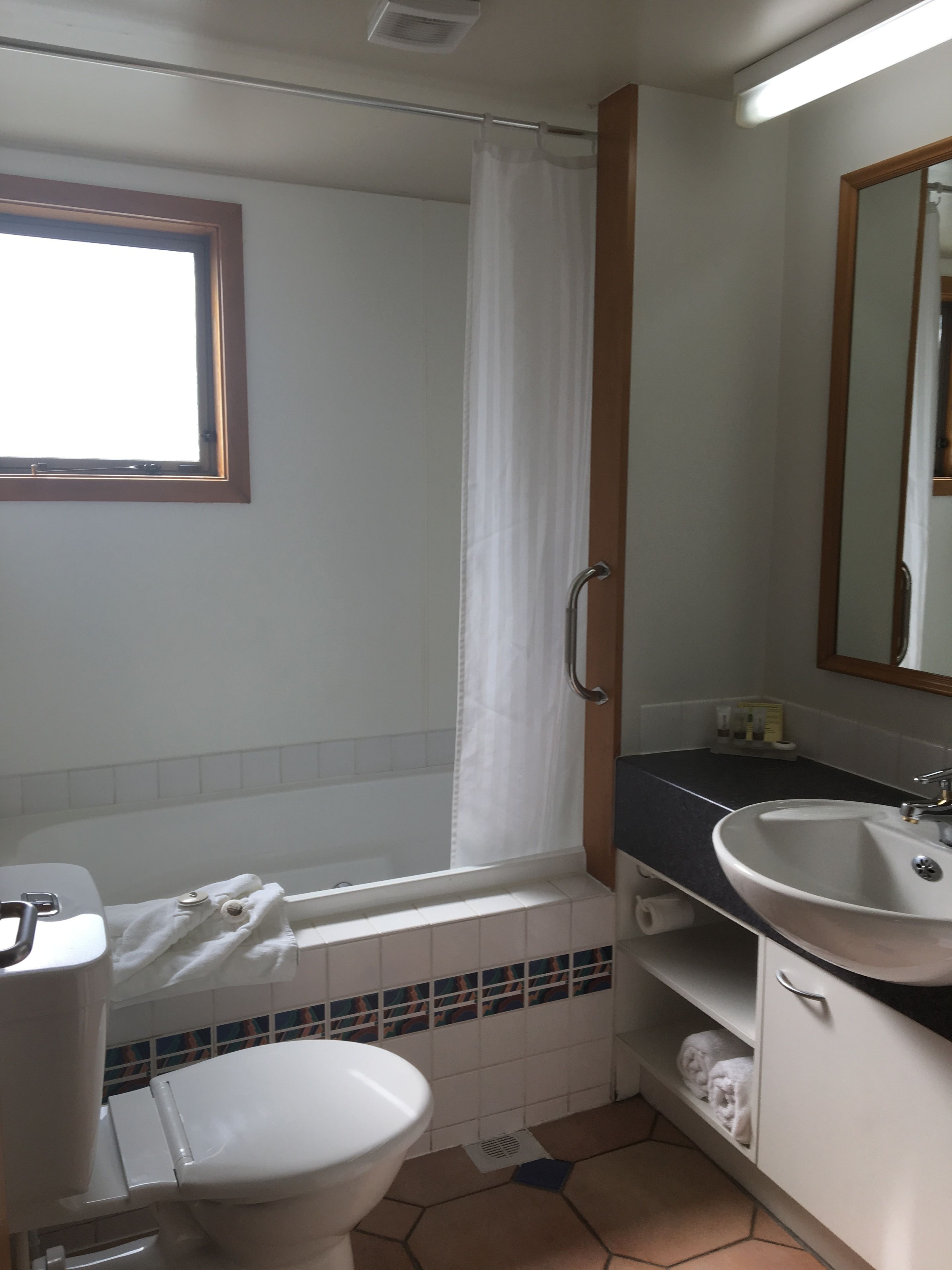 A bathroom with a toilet, sink, shower, and a window.
