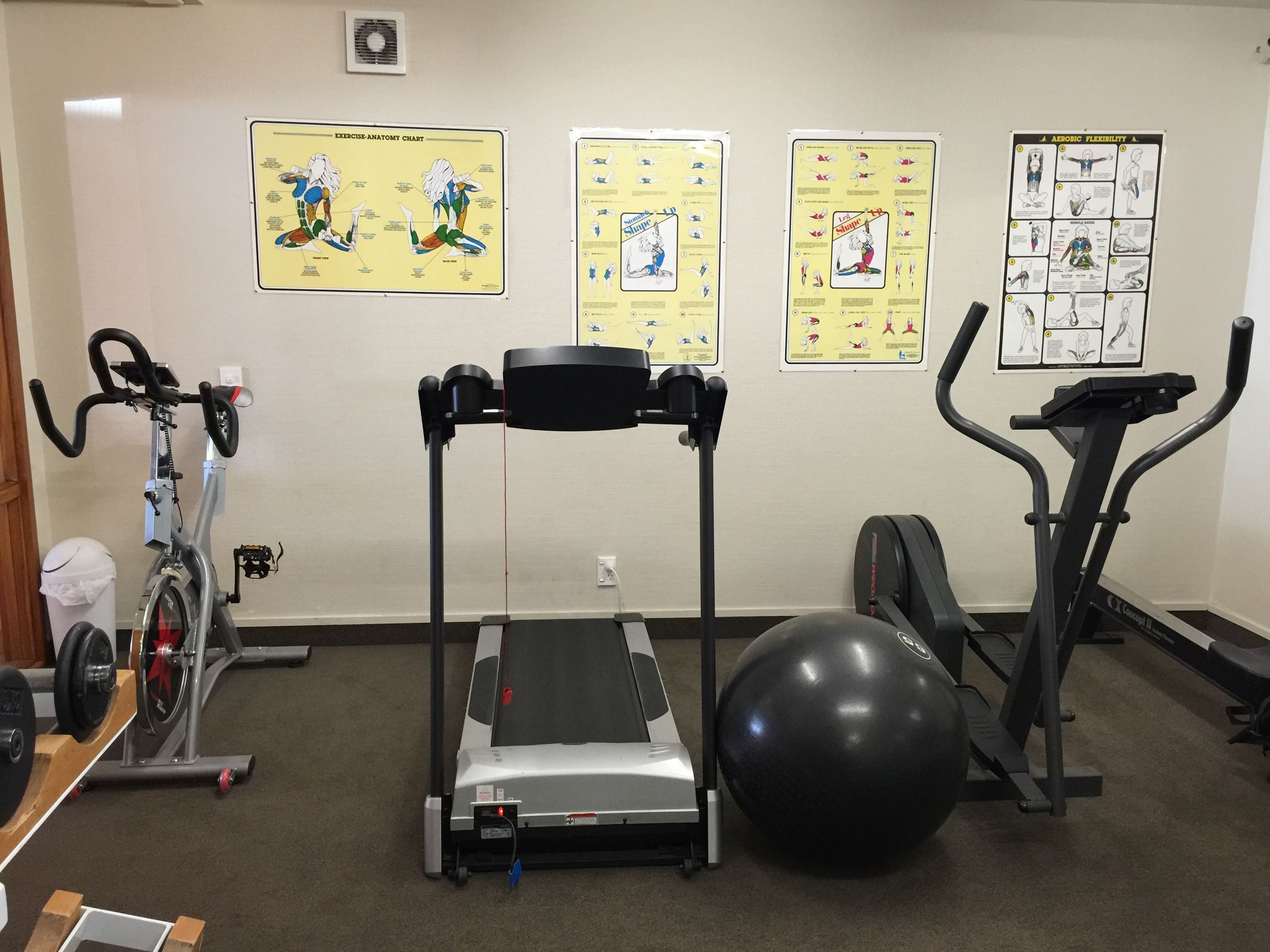 Un gimnasio con equipo de ejercicio, que incluye una cinta de correr, una bicicleta estática y una pelota de ejercicio. Hay carteles en la pared con instrucciones para hacer ejercicio.