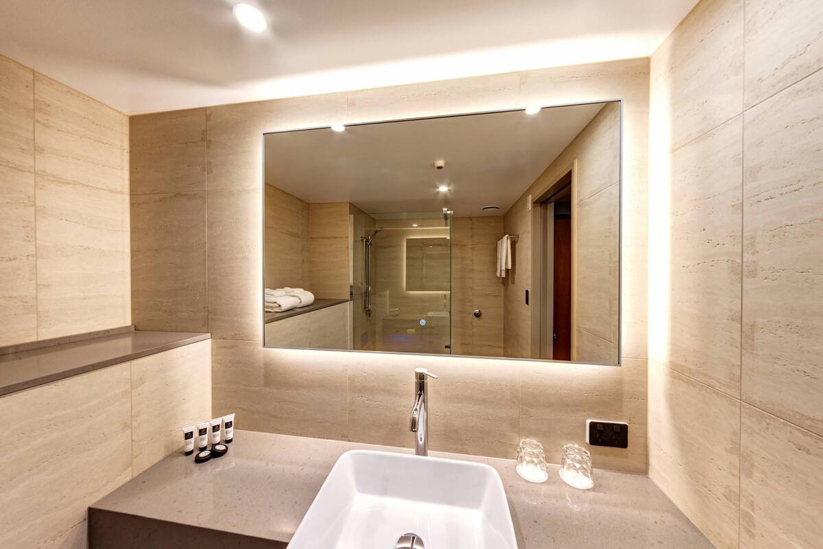 deluxe room, 1 king bed | bathroom | free toiletries, hair dryer, towels, soap