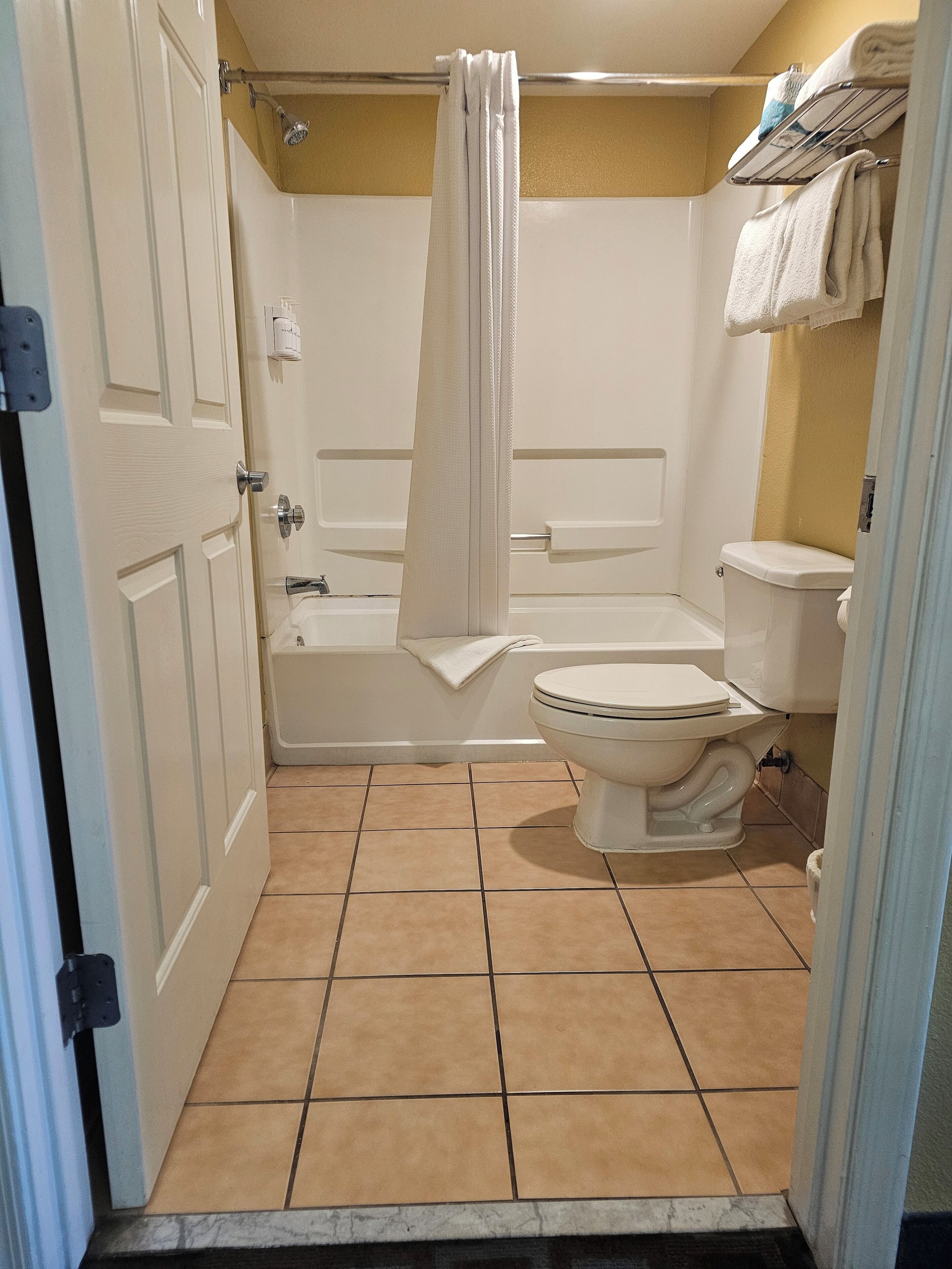 Une salle de bain avec une baignoire, des toilettes et un rideau de douche.