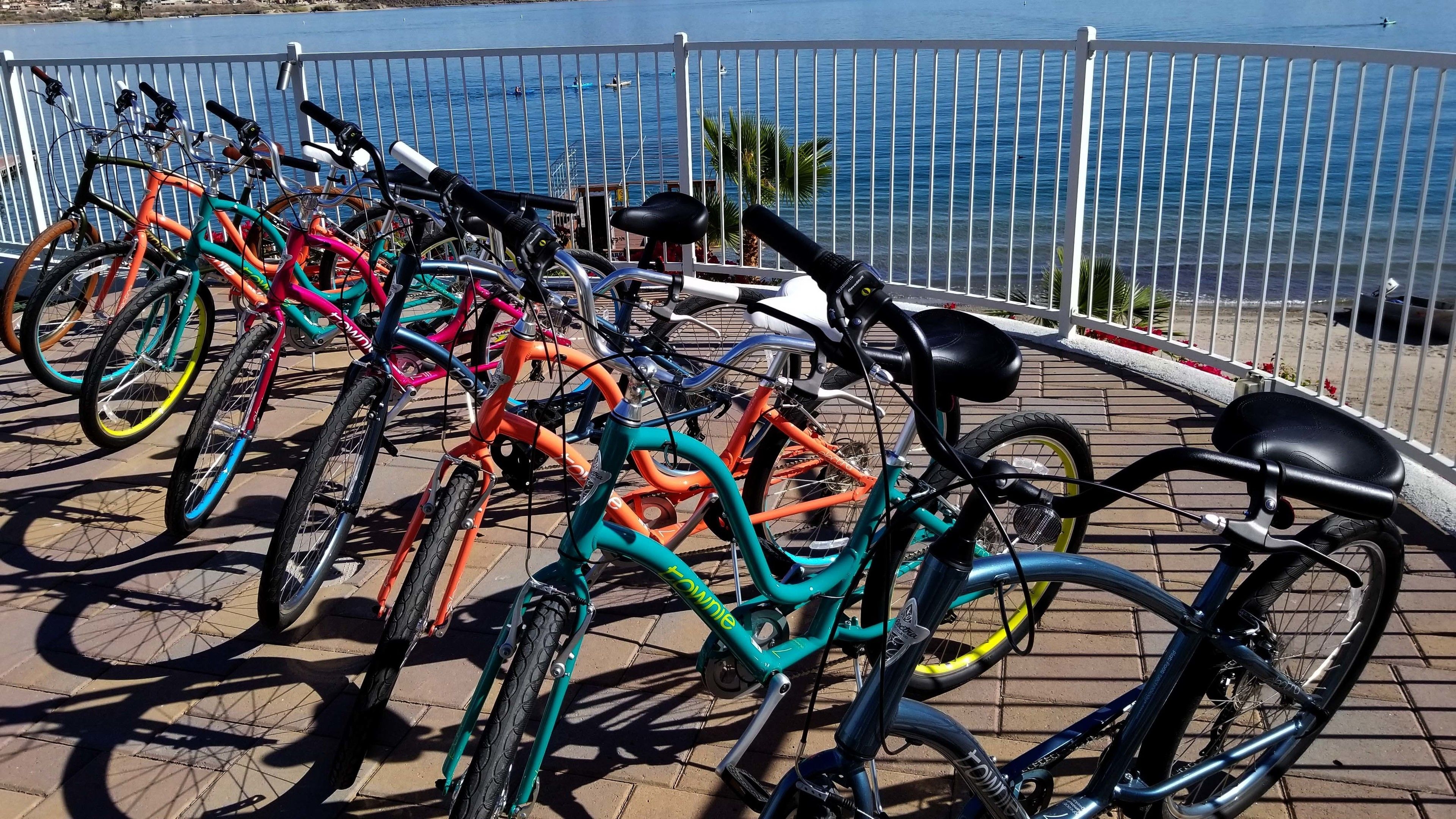 Een rij fietsen geparkeerd op een verhard terrein met uitzicht op zee.