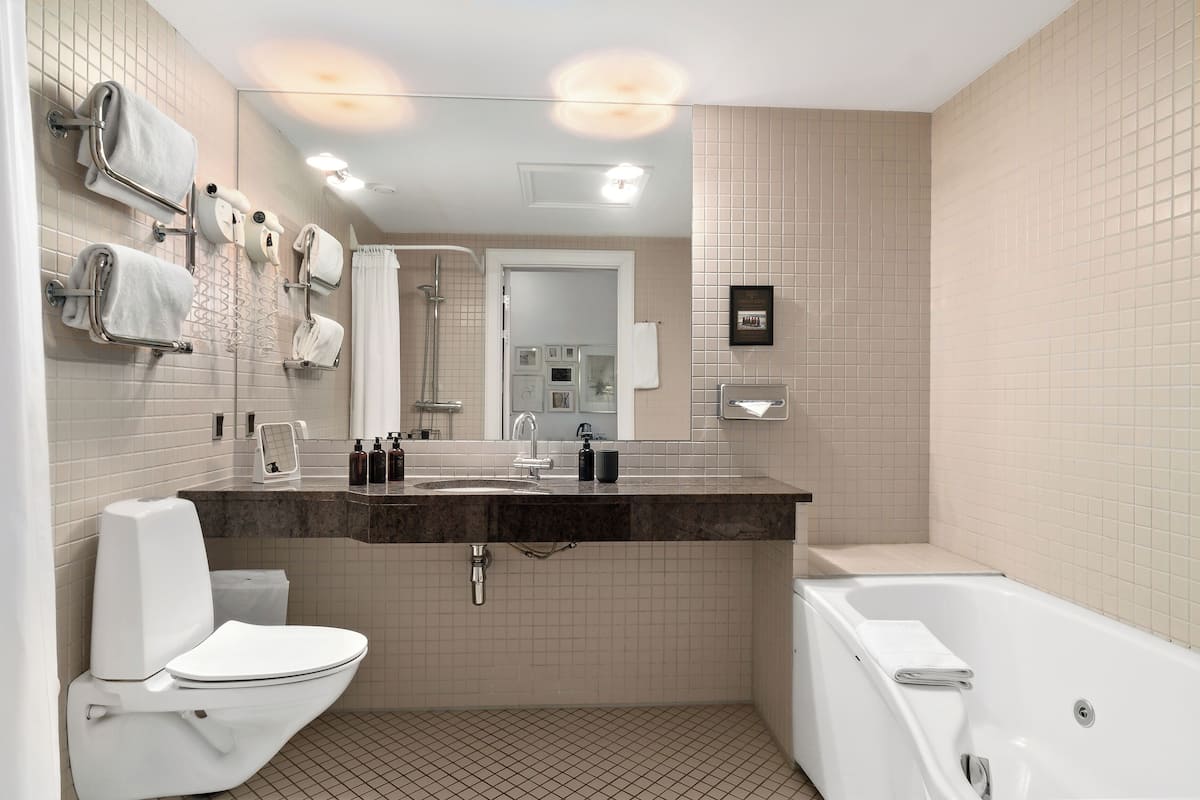 eco-friendly toiletries, hair dryer, towels