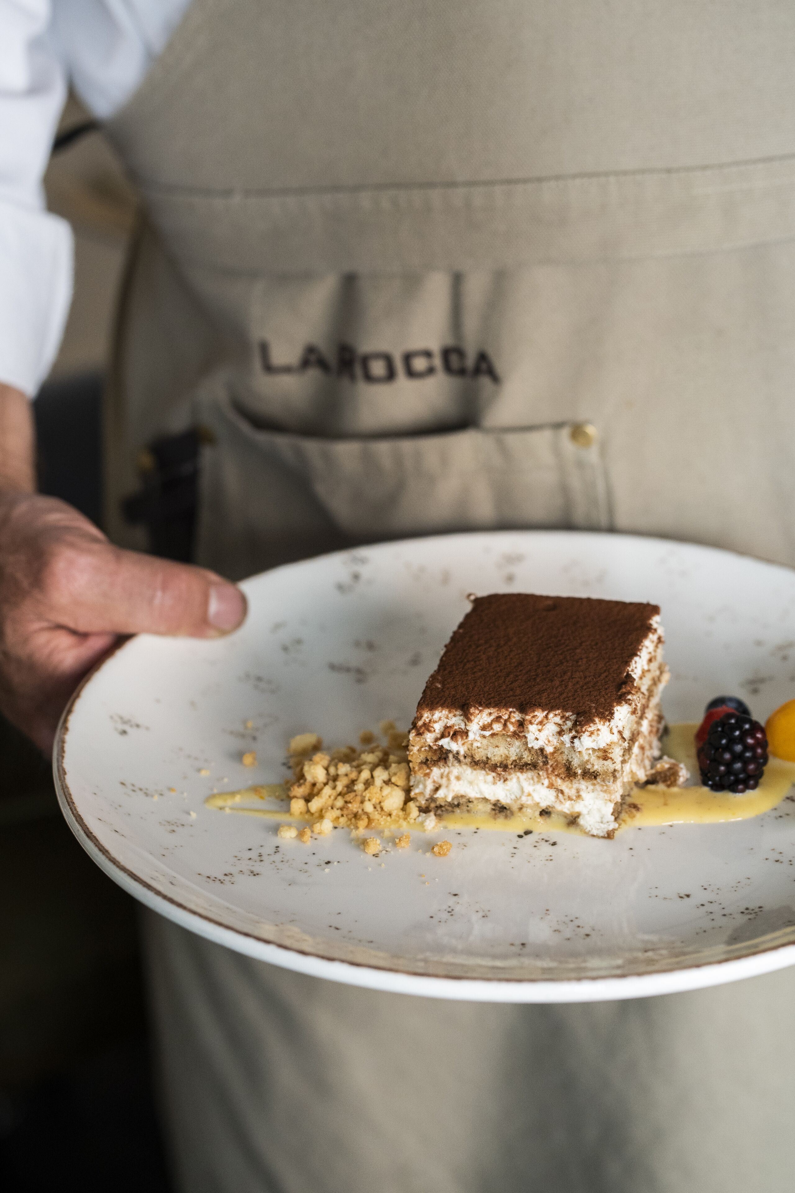 A person holding a plate with a slice of tiramisu and berries.