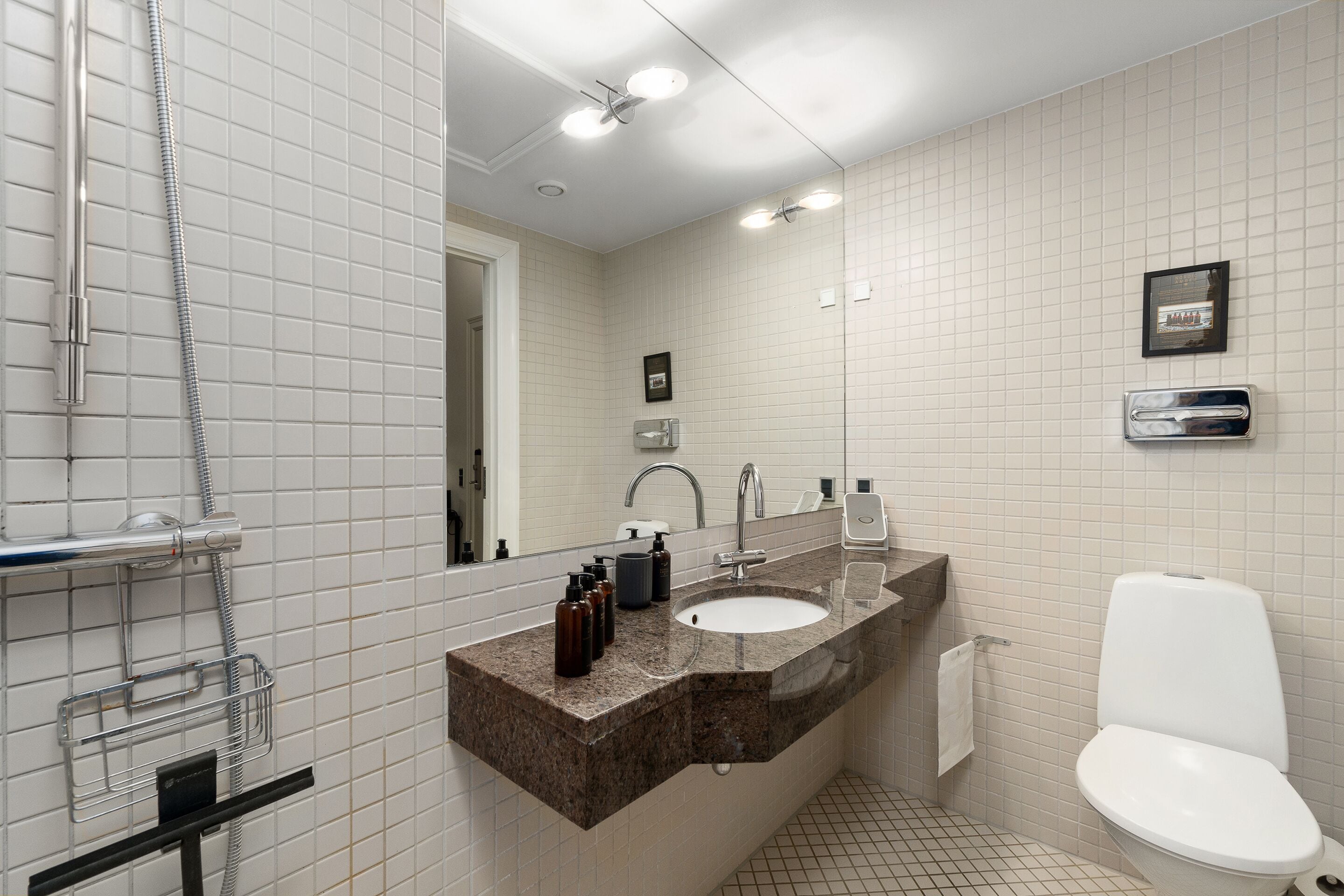 A bathroom with a sink, mirror, toilet, and shower.