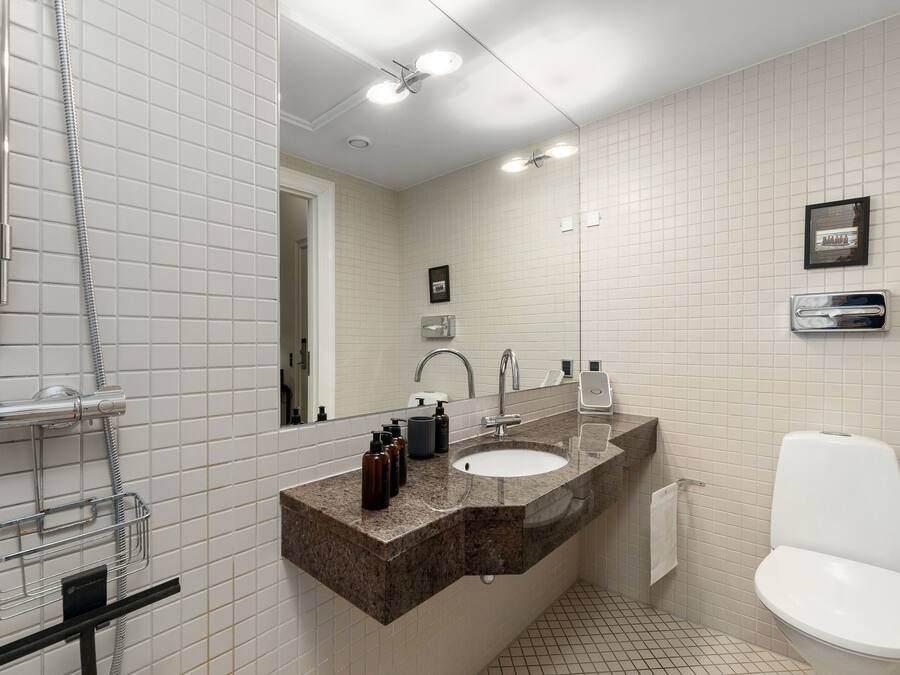 A bathroom with a sink, mirror, toilet, and shower.