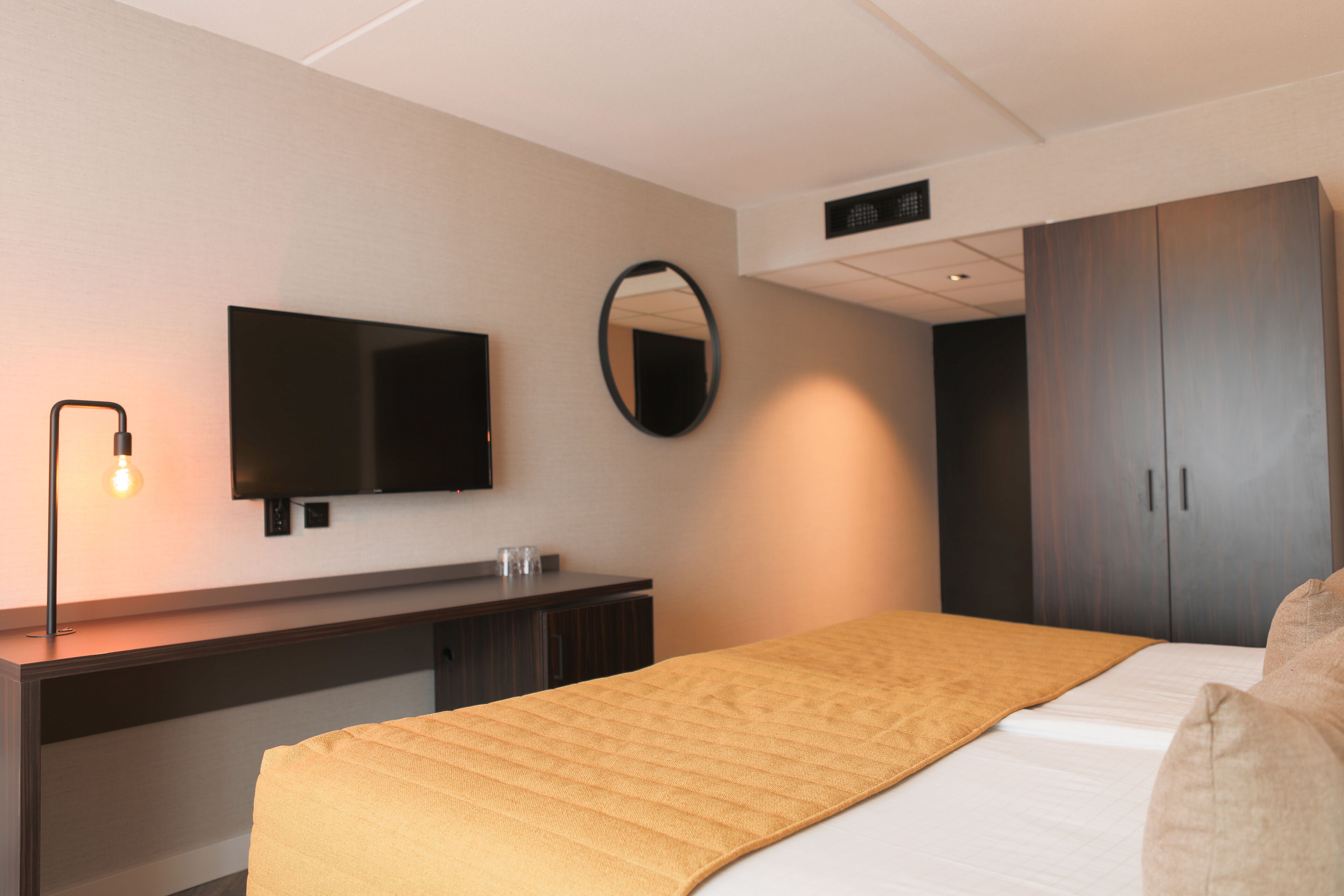 Una habitación de hotel moderna con una cama, una mesita de noche, un televisor de pantalla plana, un espejo y un armario.