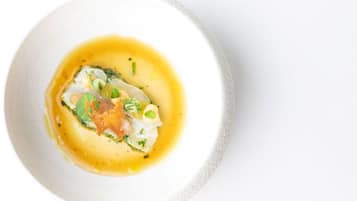 Un bol blanc contenant un plat composé d’un morceau de poisson, d’une garniture verte et d’une sauce dorée.