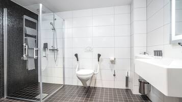 Eco-friendly toiletries, hair dryer, bathrobes, slippers