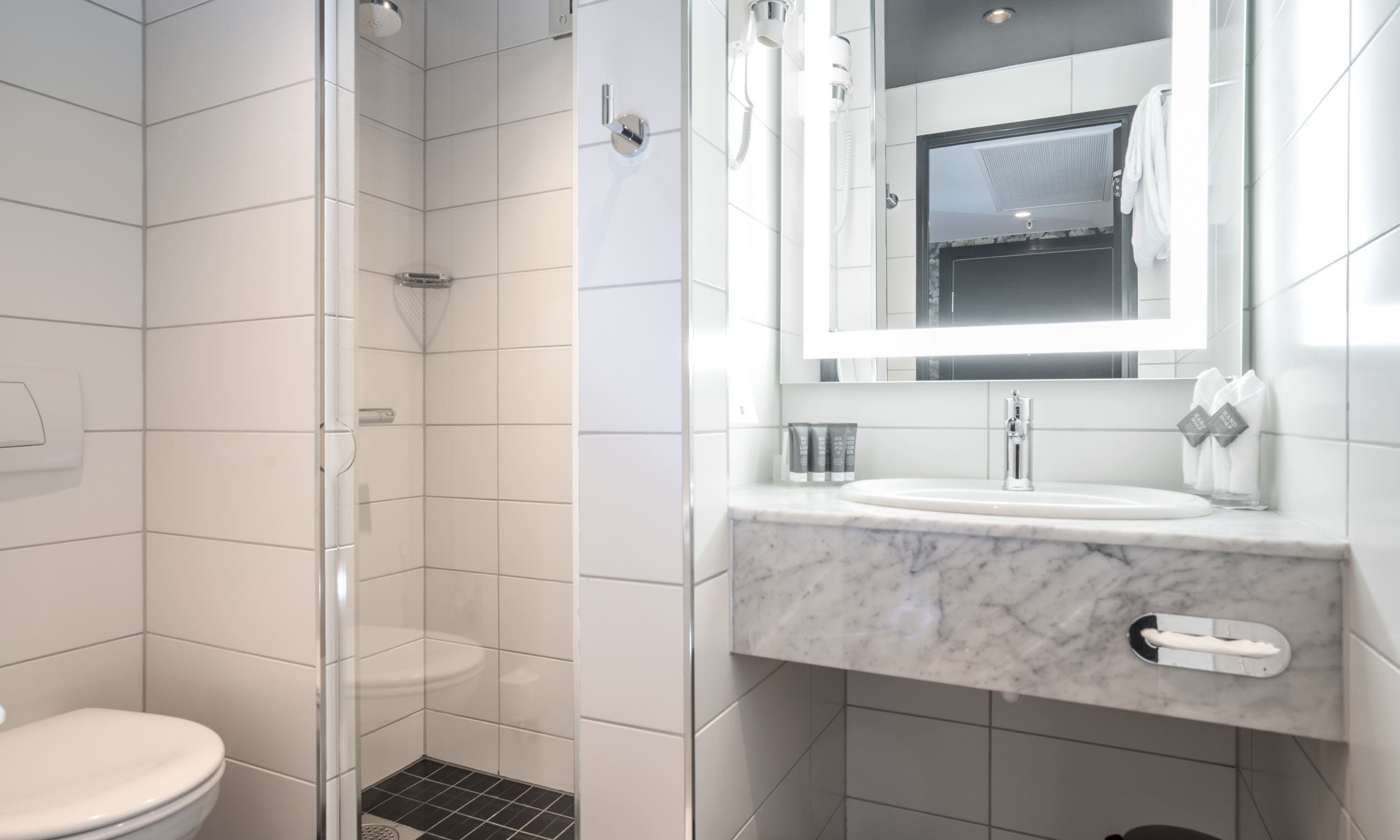 free toiletries, hair dryer, towels