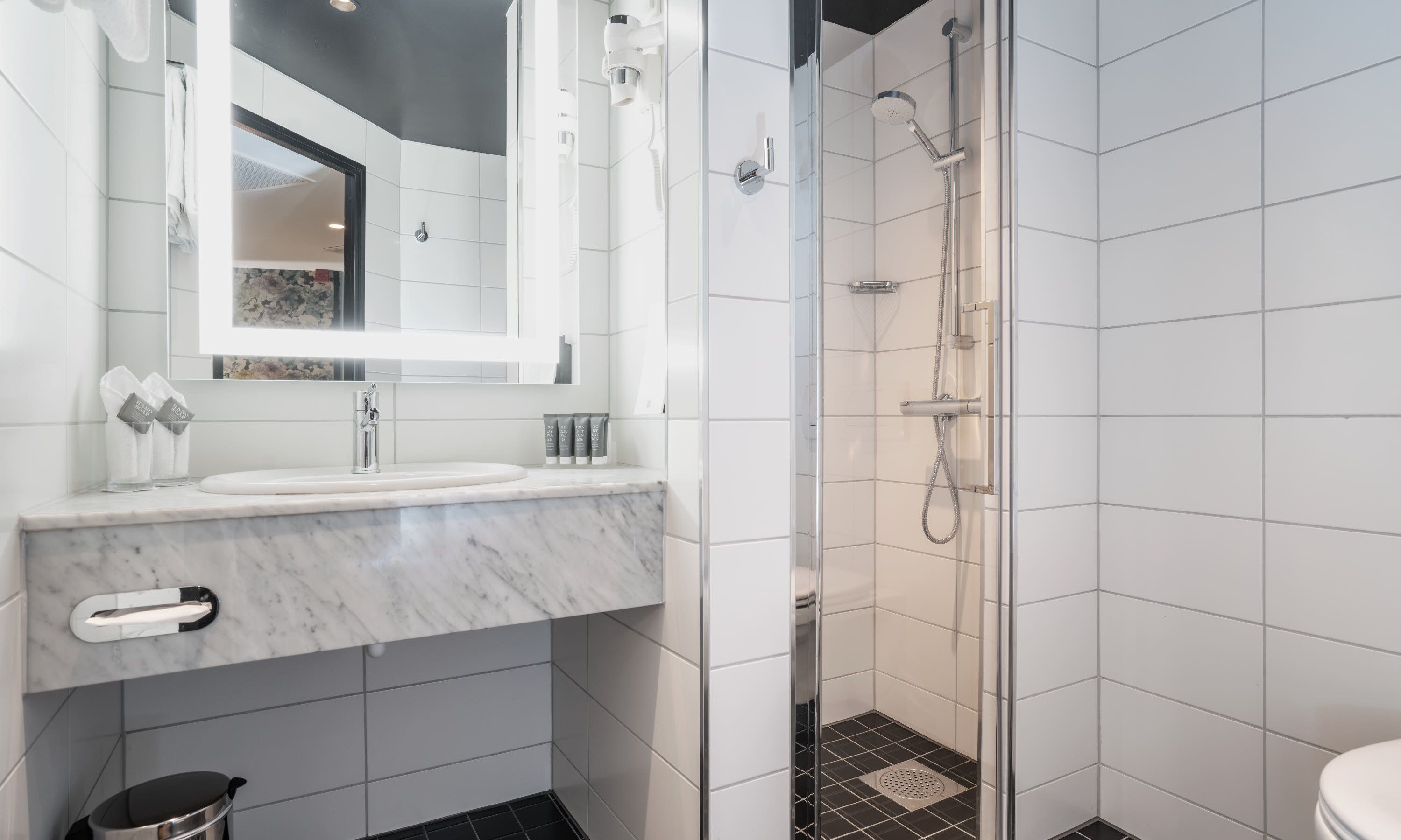 free toiletries, hair dryer, towels