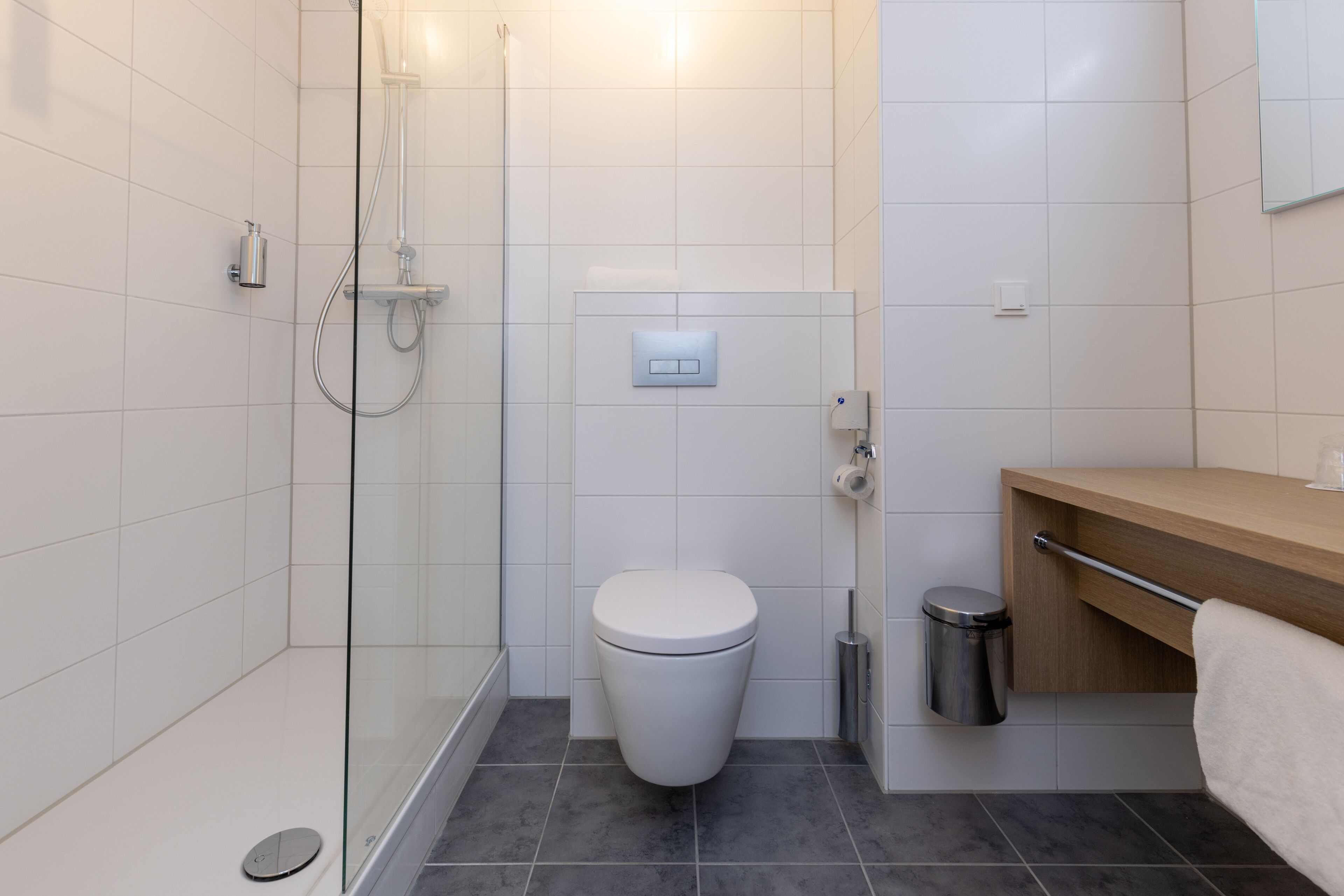 A modern bathroom with a glass shower enclosure, a white toilet, a wooden vanity, and a trash can.