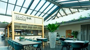 Een moderne bar en restaurant met een hoge plafond en dakraam, met een bar en barbenodigdheden en een grote potplant.