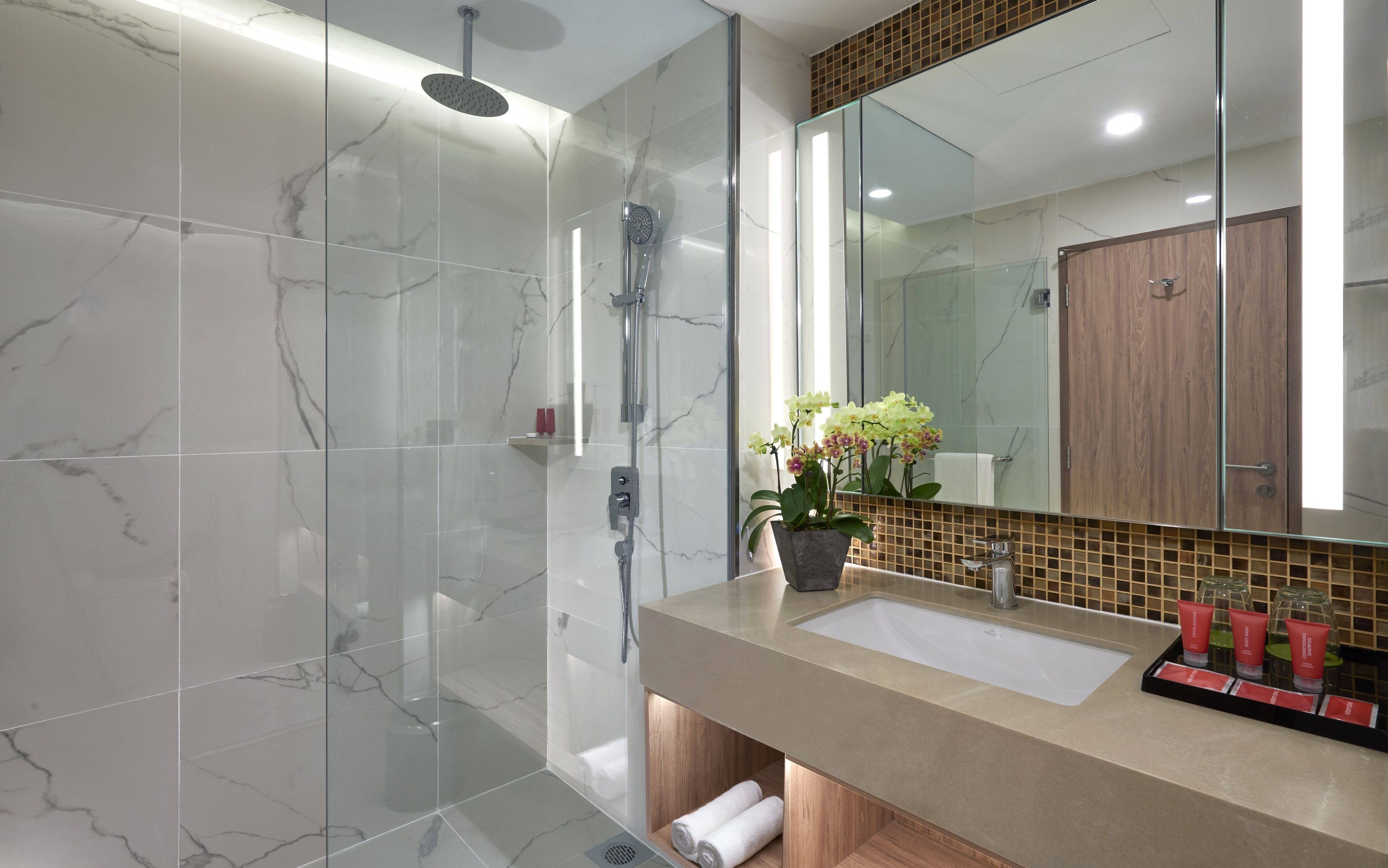 shower, rainfall showerhead, free toiletries, hair dryer