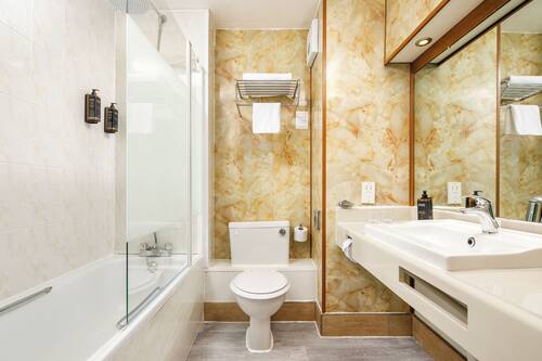 Eco-friendly toiletries, hair dryer, towels