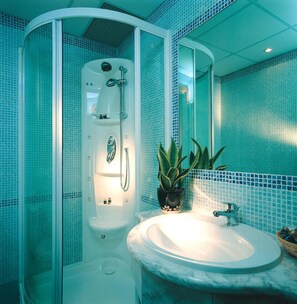 Hair dryer, bidet, towels, soap