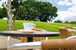 A round table with a white cup and saucer, wicker chairs, and a view of a green field and trees.