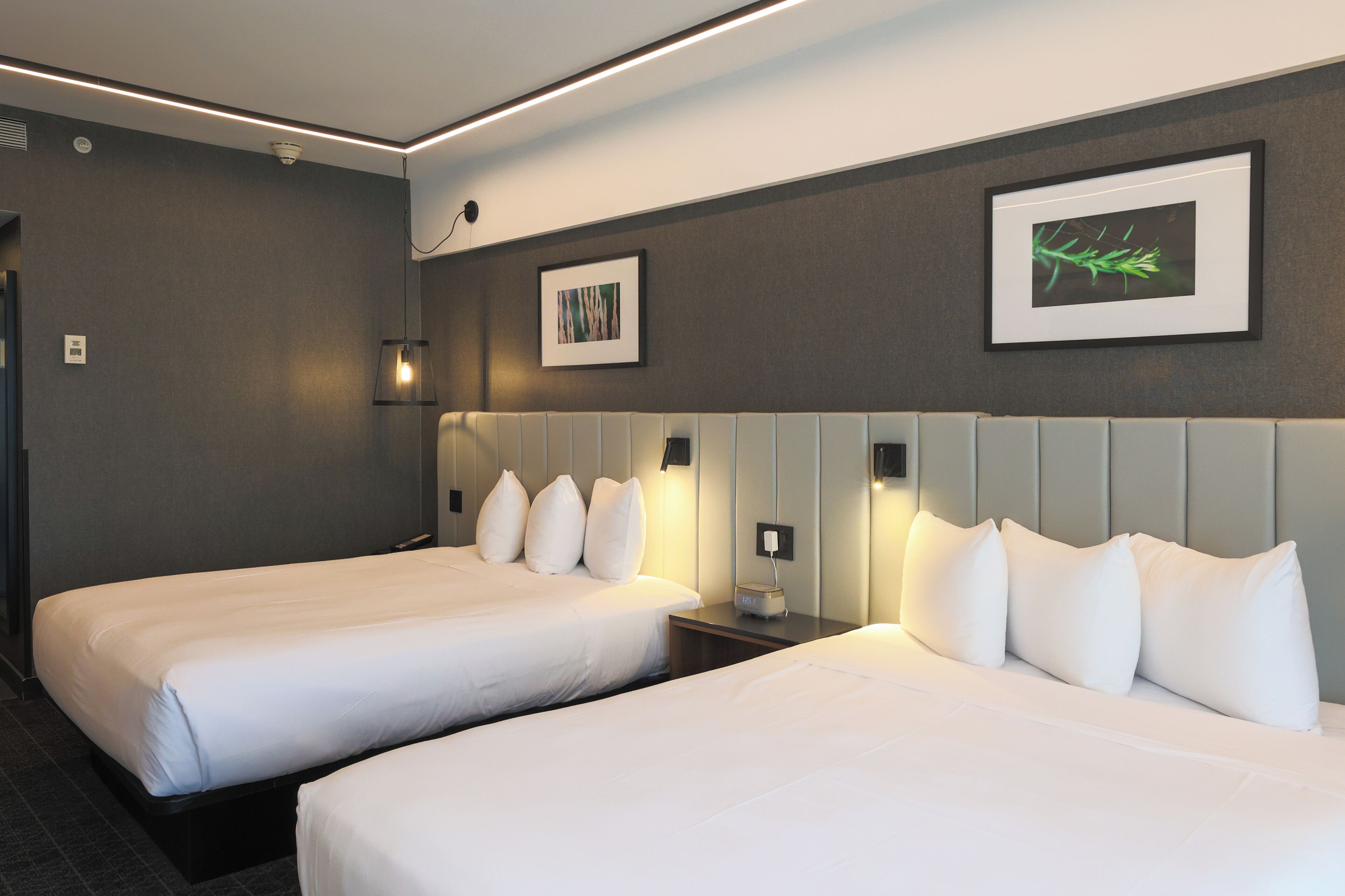 Une chambre d’hôtel avec deux lits, une tête de lit, des lampes de chevet et des œuvres d’art encadrées accrochées au mur.