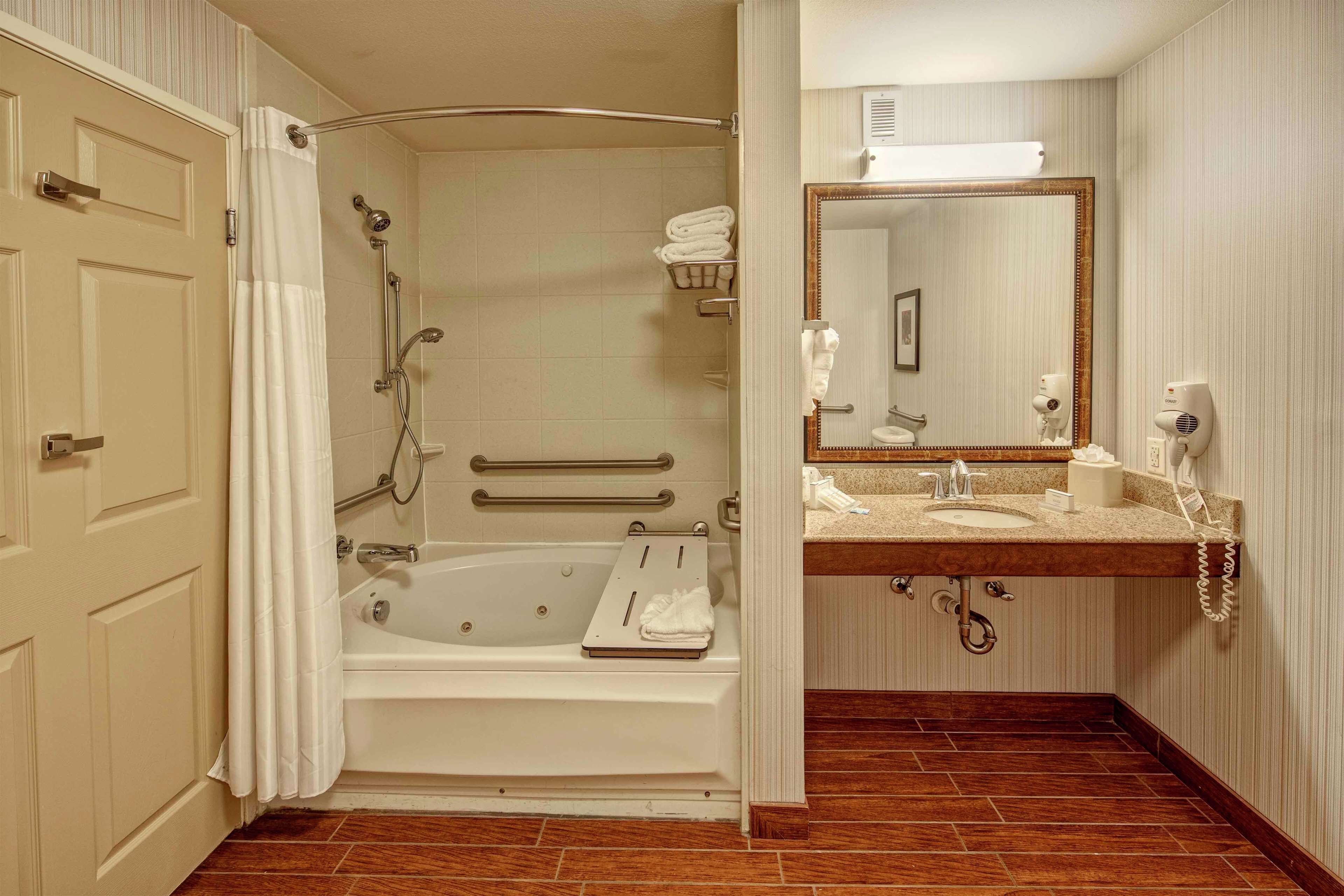 combined shower/bathtub, designer toiletries, hair dryer, towels