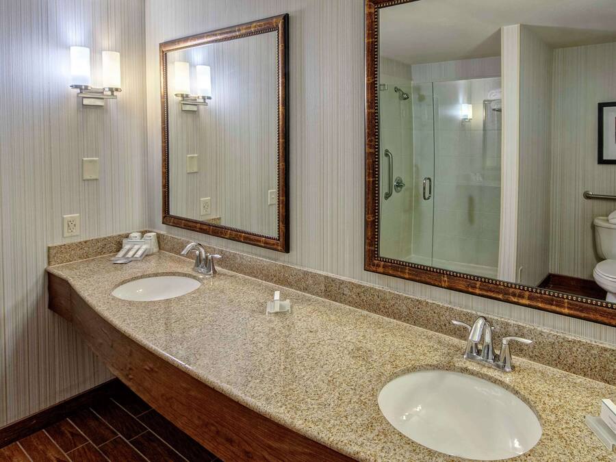 Casa de banho de hotel com duas pias, um espelho grande e zona de duche.