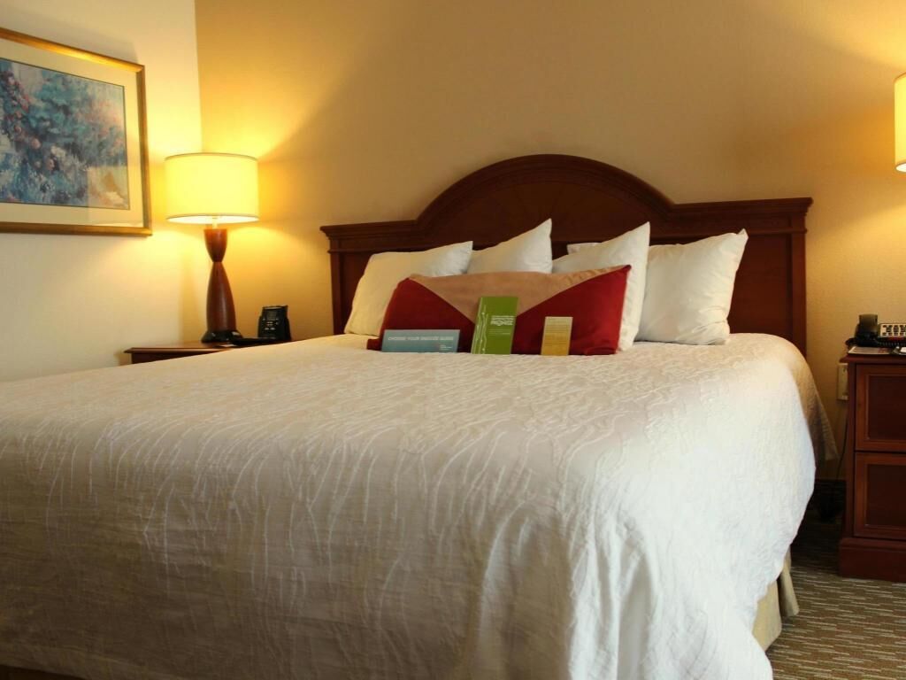 Premium bedding, desk, laptop workspace, blackout curtains