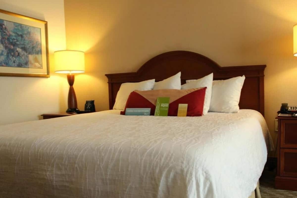 Premium bedding, desk, laptop workspace, blackout curtains