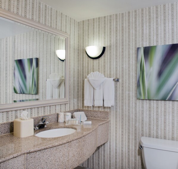 Un baño con encimera de granito, lavamanos, espejo y retrete.