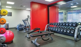A gym with exercise equipment, including a bench, dumbbells, and a stationary bike.