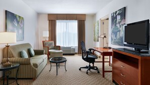 A hotel room with a sofa, armchair, desk, chair, television, lamp, and artwork. - Hilton Garden Inn Charlotte Pineville (Pineville)